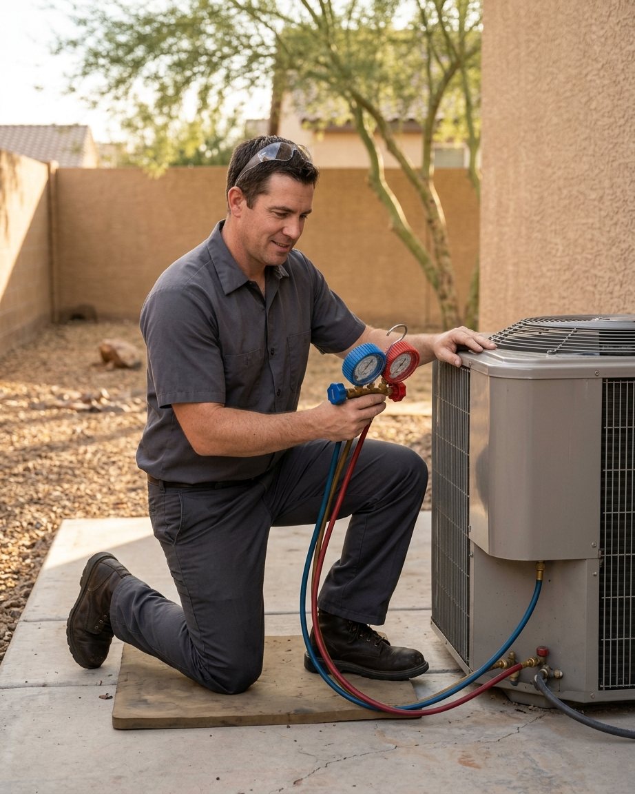 Basin and Range technician checking an outdoor AC unit with a gauge set
